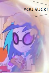 Size: 318x472 | Tagged: safe, dj pon-3, vinyl scratch, equestria girls, equestria girls series, g4, overpowered (equestria girls), abuse, bully, bullying, food, image macro, meat, meme, op is a duck, pepperoni, pepperoni pizza, pizza, sad, this will end in school shooting, vinylbuse