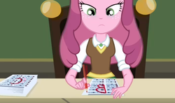 Size: 712x420 | Tagged: safe, screencap, cheerilee, equestria girls, equestria girls series, g4, the finals countdown, c, female, pencil, solo, test, writing, 🅱