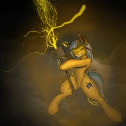 Size: 2830x2830 | Tagged: safe, artist:freeformedto, oc, oc only, oc:oro bolt, angry, belly, cutie mark, female, floating, gritted teeth, high res, lightning, looking at you, mane, simple background, solo, standing, tail, war hammer, weapon
