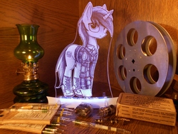 Size: 1600x1200 | Tagged: safe, artist:setharu, artist:vasgotec, oc, oc only, oc:littlepip, pony, unicorn, fallout equestria, acrylic plastic, acrylight, clothes, craft, engraving, etching, fanfic, female, irl, jumpsuit, led, mare, nightlight, photo, pipbuck, solo, traditional art, vault suit