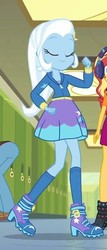 Size: 306x713 | Tagged: safe, screencap, sandalwood, sunset shimmer, trixie, equestria girls, g4, my little pony equestria girls: better together, overpowered (equestria girls), boots, canterlot high, clothes, confident, eyes closed, female, hallway, high heel boots, hoodie, kneesocks, legs, lockers, shoes, skirt, smiling, socks, strut