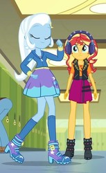 Size: 437x715 | Tagged: safe, screencap, sandalwood, sunset shimmer, trixie, equestria girls, equestria girls series, g4, overpowered (equestria girls), boots, canterlot high, clothes, confident, cute, diatrixes, door, eyes closed, female, geode of empathy, hallway, headphones, high heel boots, high heels, hoodie, jacket, kneesocks, legs, lockers, shoes, skirt, smiling, smug, socks, strut