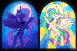 Size: 1200x803 | Tagged: safe, artist:scheadar, princess celestia, princess luna, alicorn, pony, g4, duo, horseshoes, profile, rearing, royal sisters, sisters, stained glass