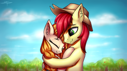 Size: 4000x2250 | Tagged: safe, artist:setharu, bright mac, pear butter, earth pony, pony, g4, cloud, couple, ear fluff, eyes closed, female, hat, hug, looking down, male, mare, outdoors, ship:brightbutter, shipping, signature, sky, smiling, stallion, straight, tree