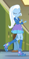 Size: 374x760 | Tagged: safe, screencap, sandalwood, trixie, equestria girls, g4, my little pony equestria girls: better together, overpowered (equestria girls), canterlot high, clothes, cute, diatrixes, hallway, hoodie, lockers, smug