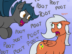 Size: 1600x1200 | Tagged: safe, artist:pony quarantine, oc, oc only, oc:speck, bat pony, pegasus, pony, bat pony oc, fart noise, female, onomatopoeia, pootis, shock, sound effects