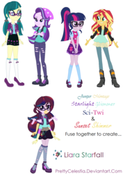 Size: 870x1227 | Tagged: safe, artist:prettycelestia, juniper montage, sci-twi, starlight glimmer, sunset shimmer, twilight sparkle, oc, oc:liara starfall, equestria girls, g4, fusion, fusion:juniper montage, fusion:sci-twi, fusion:starlight glimmer, fusion:sunset shimmer, fusion:twilight sparkle, multiple arms, six arms