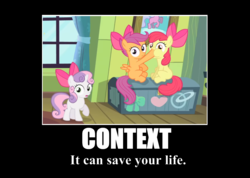 Size: 1042x742 | Tagged: safe, edit, edited screencap, screencap, apple bloom, scootaloo, sweetie belle, g4, somepony to watch over me, caption, cutie mark crusaders, hoof in mouth, motivational poster, not what it looks like, out of context