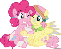 Size: 972x769 | Tagged: safe, artist:thatonefluffs, fluttershy, pinkie pie, earth pony, pegasus, pony, g4, alternate design, alternate hairstyle, cheek squish, cute, diapinkes, duo, female, hug, looking at each other, mare, one eye closed, shyabetes, simple background, sitting, smiling, squishy cheeks, transparent background