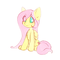 Size: 850x850 | Tagged: safe, artist:tolsticot, fluttershy, pegasus, pony, g4, beanbrows, chest fluff, colored sketch, eye clipping through hair, eyebrows, eyebrows visible through hair, female, folded wings, mare, no pupils, simple background, sitting, solo, white background, wings