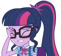 Size: 2048x1859 | Tagged: safe, artist:thebarsection, edit, edited screencap, screencap, sci-twi, twilight sparkle, equestria girls, g4, my little pony equestria girls: better together, star crossed, background removed, backpack, blushing, clothes, cute, eyes closed, facepalm, female, glasses, not a vector, simple background, solo, transparent background