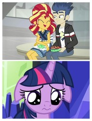 Size: 3106x4096 | Tagged: safe, flash sentry, sunset shimmer, twilight sparkle, alicorn, equestria girls, g4, good vibes, my little pony equestria girls: summertime shorts, shadow play, 2 panel comic, :s, comic, female, floppy ears, male, sad, ship:flashimmer, ship:flashlight, shipping, straight, twilight sparkle (alicorn), wavy mouth