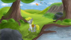 Size: 1191x670 | Tagged: safe, artist:pzkratzer, derpy hooves, rainbow dash, scootaloo, soarin', pegasus, pony, g4, cloud, flying, plant, plants, river, rock, scootaloo can fly, sunlight, tree, water