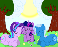 Size: 1500x1200 | Tagged: safe, artist:carmamazum, starlight glimmer, trixie, twilight sparkle, alicorn, pony, g4, female, sleeping, sun, tree, twilight sparkle (alicorn)