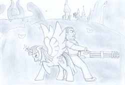 Size: 1237x839 | Tagged: safe, artist:jesterofdestiny, lord tirek, twilight sparkle, alicorn, pony, g4, black and white, canterlot castle, gnaar, grayscale, minigun, monochrome, serious sam, shadows, video game, weapon