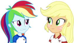 Size: 1052x614 | Tagged: safe, artist:fella, edit, edited screencap, screencap, applejack, rainbow dash, equestria girls, g4, background removed, blonde hair, blushing, clothes, cute, female, jackabetes, jersey, lesbian, multicolored hair, not a vector, polo, ship:appledash, shipping, simple background, smiling, transparent background