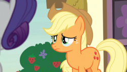 Size: 1250x703 | Tagged: safe, screencap, applejack, rarity, pony, unicorn, g4, honest apple, apology, applejack's hat, cowboy hat, crying, crying on the outside, door, duo, duo female, female, flower, grass, guilty, hat, hay, house, strawberry, teary eyes