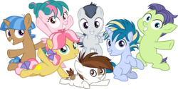 Size: 7937x4000 | Tagged: safe, artist:sollace, kettle corn, mocha berry, pipsqueak, rumble, skeedaddle, tulip swirl, pony, g4, marks and recreation, .svg available, colt, female, filly, foal, group, male, show accurate, simple background, transparent background, vector