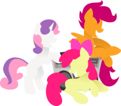 Size: 3170x2780 | Tagged: safe, artist:anonymousnekodos, apple bloom, scootaloo, sweetie belle, earth pony, pegasus, pony, unicorn, g4, bipedal, blank flank, boombox, cutie mark crusaders, eyes closed, female, filly, foal, grin, high res, hooves, horn, lineless, minimalist, modern art, simple background, smiling, transparent background, trio, wings