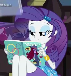Size: 665x720 | Tagged: safe, screencap, rarity, equestria girls, g4, my little pony equestria girls: better together, the finals countdown, bracelet, cropped, female, jewelry, legs, lidded eyes, magazine, magazine cover, rarity peplum dress, solo