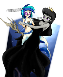 Size: 1302x1583 | Tagged: safe, artist:twilite-sparkleplz, dj pon-3, octavia melody, vinyl scratch, cecaelia, mermaid, monster pony, octopony, octopus, original species, sunset's fantastic fishing, equestria girls, g4, belly button, breasts, cleavage, dancing, dialogue, duo, female, glasses, holding hands, lesbian, mermaidized, mershark, midriff, octaviapus, open mouth, sharkified, ship:scratchtavia, shipping, smiling, species swap, sunglasses, vinyl shark