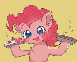 Size: 1280x1024 | Tagged: safe, artist:kkuyo, pinkie pie, g4, :3, blushing, cake, chest fluff, cute, diapinkes, female, food, open mouth, pie, simple background, solo, yellow background