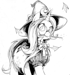 Size: 6108x6504 | Tagged: safe, artist:alts-art, trixie, pony, unicorn, g4, absurd resolution, cute, diatrixes, female, glasses, grayscale, inktober, looking at you, mare, monochrome, mouth hold, simple background, solo, traditional art, wand, white background