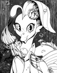 Size: 3262x4175 | Tagged: safe, artist:alts-art, princess skystar, shelldon, shelly, seapony (g4), g4, my little pony: the movie, bubble, cute, female, fin wings, fins, flower, flower in hair, grayscale, happy, high res, inktober, jewelry, looking at you, monochrome, necklace, ocean, open mouth, pearl necklace, seaquestria, signature, smiling, smiling at you, solo, swimming, traditional art, underwater, water, wings