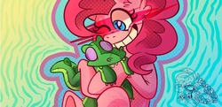 Size: 1280x620 | Tagged: safe, artist:kintmatsu, gummy, pinkie pie, earth pony, pony, g4, abstract background, ear fluff, female, mare, one eye closed, plushie, smiling, solo