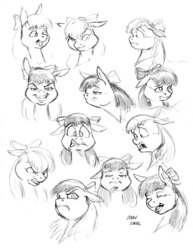 Size: 1100x1426 | Tagged: safe, artist:baron engel, apple bloom, earth pony, pony, g4, angry, bow, female, filly, grayscale, grin, hair bow, monochrome, pencil drawing, simple background, sketch, smiling, traditional art, white background