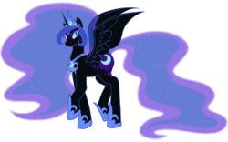 Size: 1280x798 | Tagged: safe, artist:myaphelion, nightmare moon, alicorn, pony, g4, bat wings, facial markings, fangs, female, jewelry, mare, raised hoof, regalia, simple background, smiling, solo, transparent background
