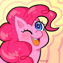 Size: 1280x1280 | Tagged: safe, artist:flyingspaget, pinkie pie, earth pony, pony, g4, abstract background, cute, diapinkes, female, heart eyes, looking at you, mare, one eye closed, open mouth, smiling, solo, wingding eyes, wink