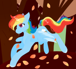 Size: 1280x1166 | Tagged: safe, artist:hallow-feather, rainbow dash, pegasus, pony, g4, autumn, female, leaves, mare, running, solo, spread wings, tree, wings