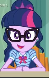 Size: 450x720 | Tagged: safe, screencap, sci-twi, twilight sparkle, equestria girls, g4, my little pony equestria girls: better together, the finals countdown, >:), >:d, clothes, determined, evil grin, female, glasses, grin, looking at you, smiling, smirk, solo