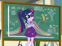 Size: 965x720 | Tagged: safe, screencap, sci-twi, twilight sparkle, equestria girls, equestria girls series, g4, overpowered (equestria girls), chalkboard, clothes, cropped, crossed arms, cute, female, geode of telekinesis, glasses, ponytail, skirt, smiling, solo, twiabetes