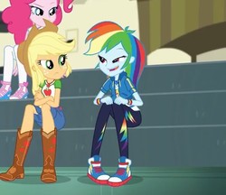 Size: 589x509 | Tagged: safe, screencap, applejack, pinkie pie, rainbow dash, equestria girls, equestria girls series, g4, overpowered (equestria girls), boots, clothes, converse, cowboy boots, cowboy hat, cropped, crossed arms, denim skirt, faic, female, geode of super speed, geode of super strength, hat, magical geodes, pants, pantyhose, rainbow dash is best facemaker, shoes, skirt, smiling, sneakers, stetson