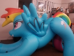 Size: 4032x3024 | Tagged: safe, artist:gr-vinyl-scratch, rainbow dash, inflatable pony, pegasus, pony, g4, backwards cutie mark, bootleg, grin, hongyi, inflatable, inflatable pegasus, irl, iwtcird, meme, photo, smiling, solo, stretching
