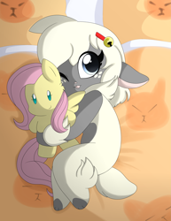 Size: 2153x2786 | Tagged: safe, artist:cookie-kit, fluttershy, oc, sheep, anthro, g4, anthro oc, cuddling, furry, high res, non-mlp oc, plushie