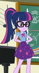 Size: 389x720 | Tagged: safe, screencap, sci-twi, twilight sparkle, equestria girls, g4, my little pony equestria girls: better together, overpowered (equestria girls), arm behind back, clothes, cropped, female, geode of telekinesis, glasses, ponytail, skirt, solo