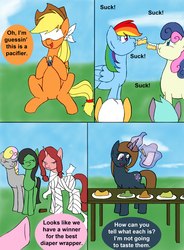 Size: 1000x1359 | Tagged: safe, artist:emilou1985, applejack, bon bon, rainbow dash, sweetie drops, oc, pony, comic:signs, g4, annoyed, baby bottle, baby shower, blindfold, comic, disgusted, drink, eyes closed, happy, magic, magic aura, pacifier, raised hoof