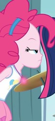Size: 325x720 | Tagged: safe, screencap, pinkie pie, sci-twi, twilight sparkle, human, equestria girls, g4, my little pony equestria girls: better together, overpowered (equestria girls), cropped, female, geode of sugar bombs, magical geodes, offscreen character, pinkie pie is not amused, solo focus, unamused