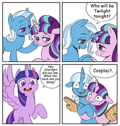 Size: 1930x2036 | Tagged: safe, artist:gela-g-i-s-gela, starlight glimmer, trixie, twilight sparkle, alicorn, pony, unicorn, g4, alternate hairstyle, bedroom eyes, blushing, cardboard, cardboard wings, clothes, comic, cosplay, costume, crossed horns, dialogue, fake wings, female, floppy ears, grin, holding hooves, horn, horns are touching, hug, lesbian, lidded eyes, looking away, mare, nervous, raised hoof, roleplaying, ship:startrix, ship:twistarlight, ship:twixie, shipping, shocked, simple background, smiling, spread wings, sweat, twilight sparkle (alicorn), twixstar, wavy mouth, white background, wide eyes, wings