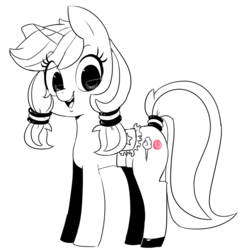 Size: 1554x1617 | Tagged: safe, artist:hearlesssoul, oc, oc only, oc:cutton candy, pony, unicorn, looking at you, monochrome, open mouth, partial color, saddle, simple background, solo, tack, white background