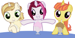 Size: 4862x2469 | Tagged: safe, artist:ironm17, cayenne, citrus blush, sweet biscuit, pony, unicorn, g4, drinking, female, filly, grin, looking at you, milkshake, milkshake ponies, simple background, singing, smiling, transparent background, trio, vector
