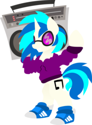Size: 2126x2891 | Tagged: safe, artist:anonymousnekodos, dj pon-3, vinyl scratch, pony, unicorn, g4, bipedal, boombox, clothes, cutie mark, female, grin, high res, hoodie, hooves, horn, lineless, mare, minimalist, modern art, shoes, simple background, smiling, sneakers, solo, sunglasses, transparent background