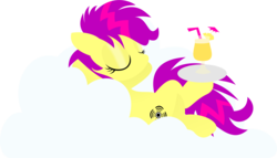 Size: 1540x881 | Tagged: safe, artist:anonymousnekodos, oc, oc only, oc:shockwave, pegasus, pony, cloud, cocktail, cutie mark, eyes closed, female, hooves, lineless, lying down, mare, on a cloud, piña colada (drink), simple background, solo, transparent background, tray