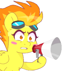 Size: 500x500 | Tagged: safe, artist:omegaozone, spitfire, pegasus, pony, g4, animated, blinking, blush sticker, blushing, cute, cutefire, female, frame by frame, gif, goggles, mare, megaphone, simple background, solo, transparent background, yelling