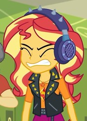 Size: 450x629 | Tagged: safe, screencap, sandalwood, sunset shimmer, equestria girls, g4, my little pony equestria girls: better together, overpowered (equestria girls), clothes, cropped, eyes closed, female, geode of empathy, gritted teeth, headphones, jacket, magical geodes