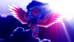 Size: 3000x1688 | Tagged: safe, oc, oc only, pegasus, pony, beanie, clothes, cloud, female, flying, hat, hoodie, majestic, mare, moon, night, solo, subsurface scattering, wings, ych result