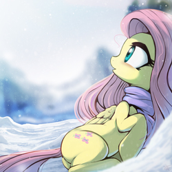 Size: 2000x2000 | Tagged: safe, artist:fidzfox, fluttershy, pegasus, pony, g4, blushing, butt, clothes, cute, female, folded wings, high res, looking away, looking up, mare, open mouth, plot, scarf, shyabetes, snow, solo, sweet dreams fuel, turned head, wings, winter, wintershy